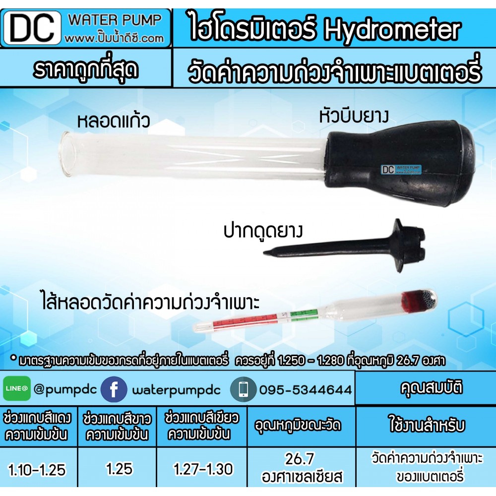 ไฮโดรมิเตอร์ เครื่องวัดความถ่วงจำเพาะ วัดน้ำกรดแบตเตอรี่ (สีดำ)